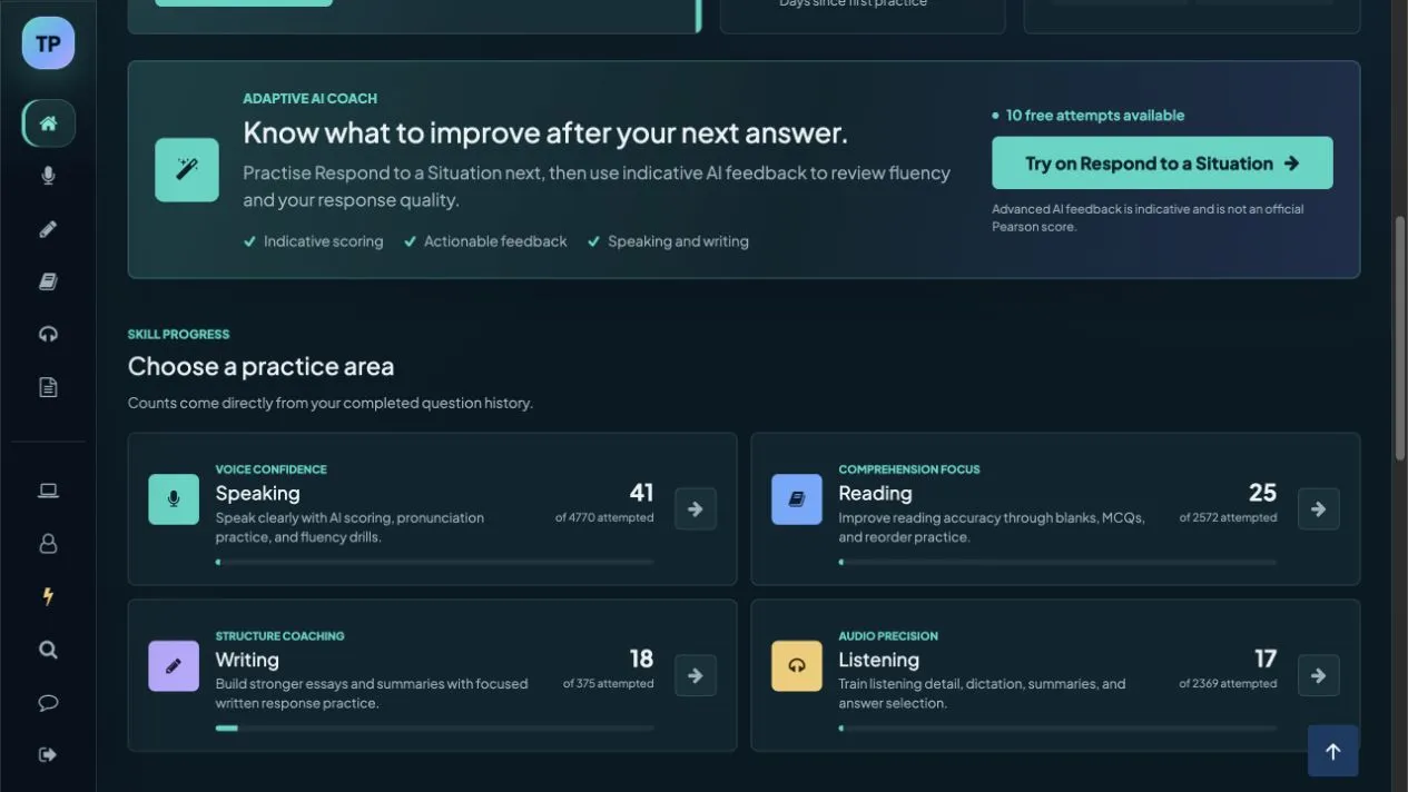 The Panel PTE dashboard showing the AI coach and speaking, writing, reading and listening practice areas