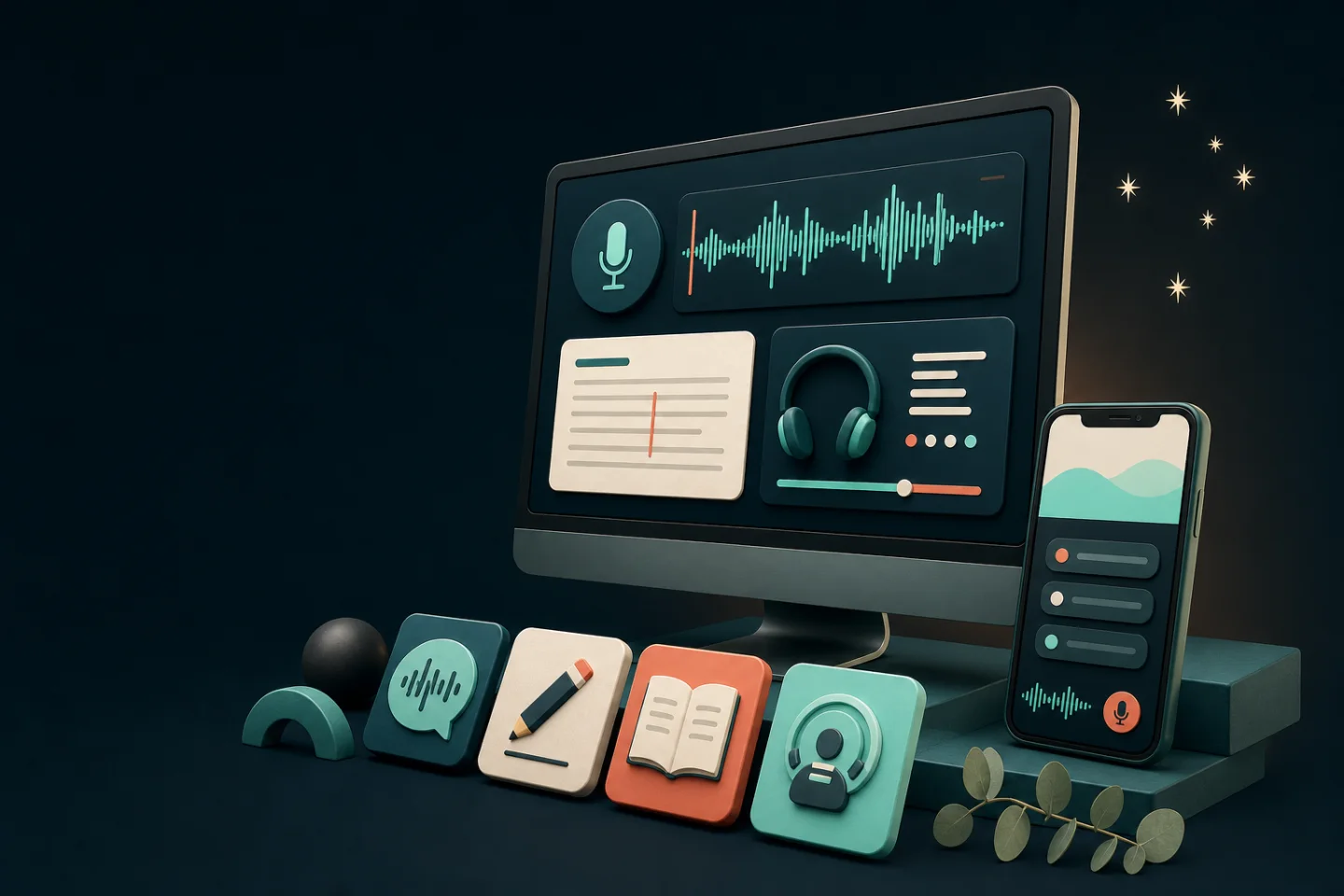 An illustrated PTE learning studio with speaking, writing, reading and listening tools